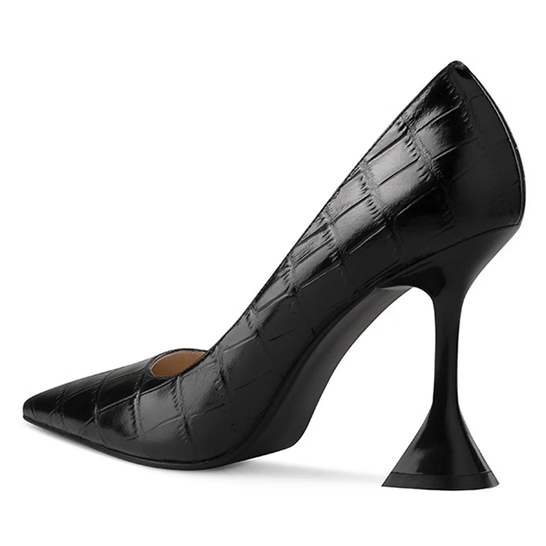 Black Crocodile Embossed Pointed Toe Flared Heel Pumps for Women