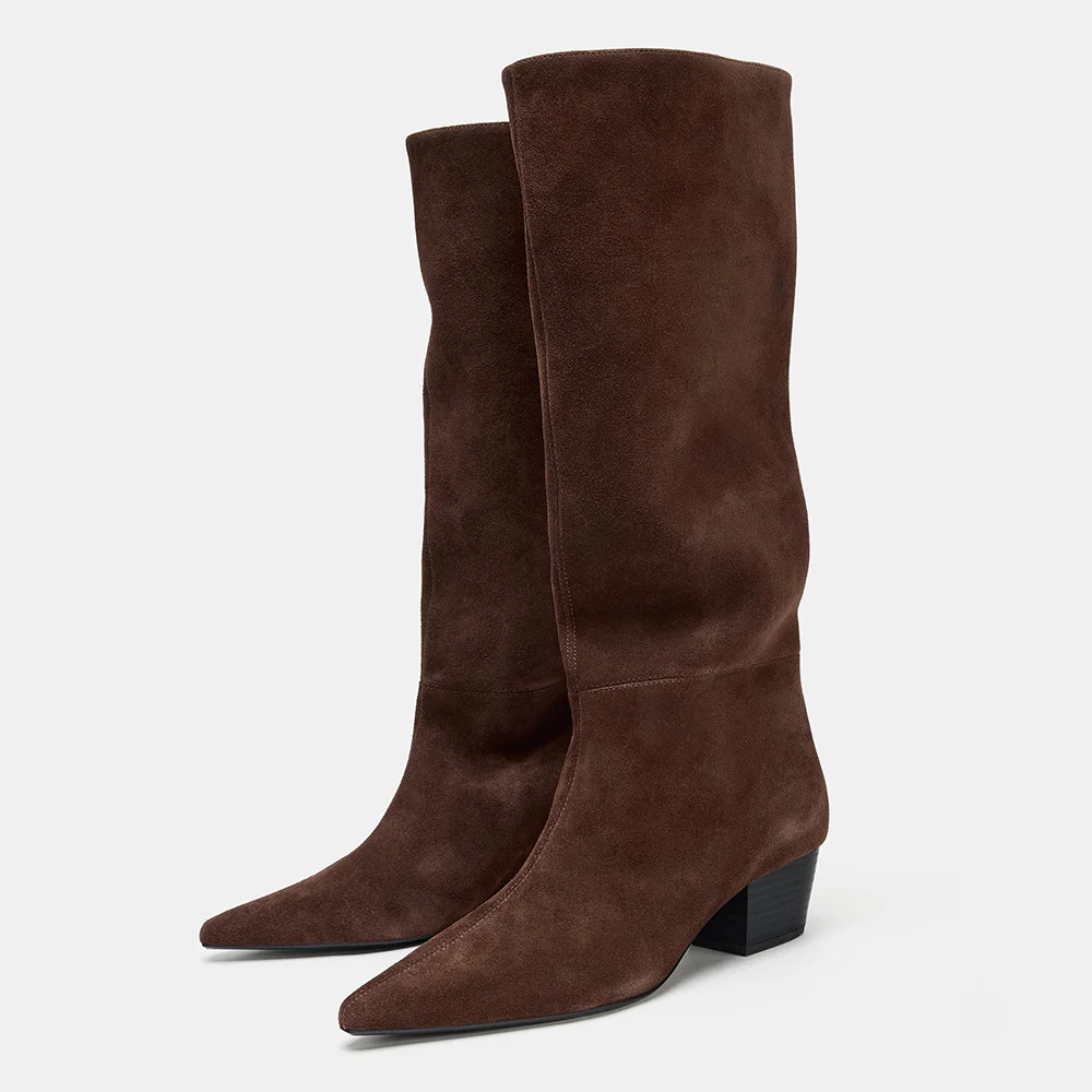 Brown Pointed Toe Block Heel Pull On Knee High Boots for Women