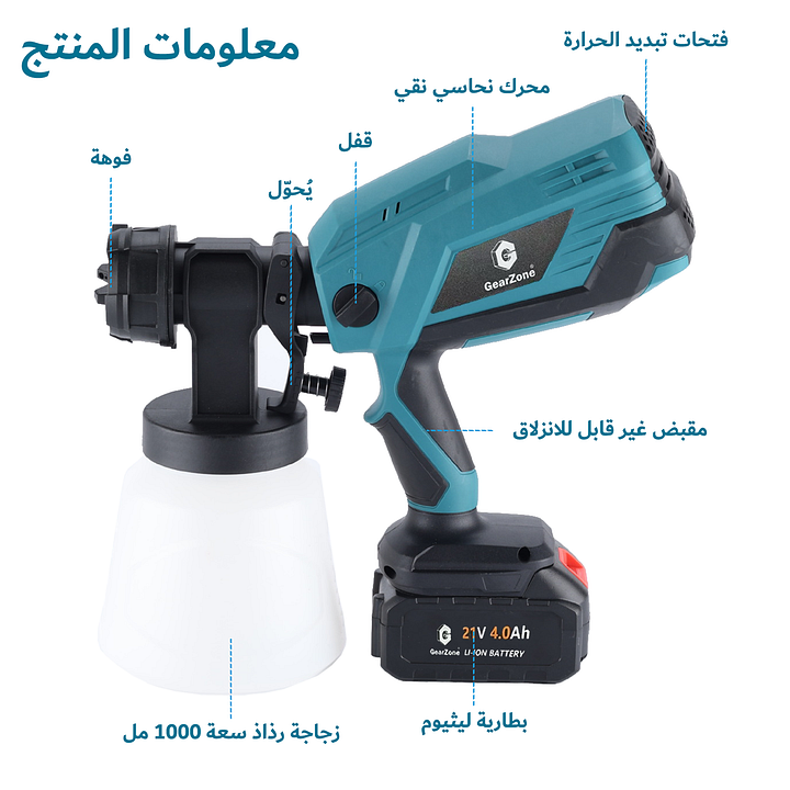 GearZone 21V-4.0Ah أداة رش كهربائية، يمكنها رش الطلاء والطلاء اللاتكس، بطاريتان ليثيوم ذات سعة كبيرة ، 5 أحجام فوهة ، 1000 مل يمكن سقي سعة كبيرة