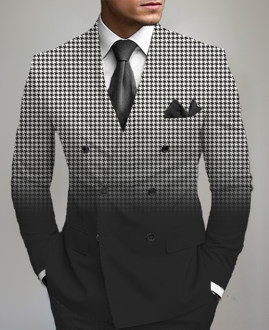 Business Houndstooth Ombre Print Peaked Lapel Double Breasted Blazer