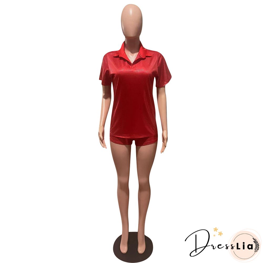 Short Sleeve Bronzing T-Shirt Casual Biker Shorts Outfit