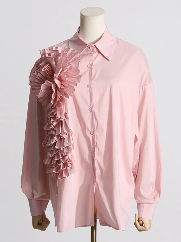 Long Sleeves Loose Asymmetric Buttoned Pleated Solid Color Split-Joint Three-Dimensional Flower Lapel Blouses&Shirts Tops