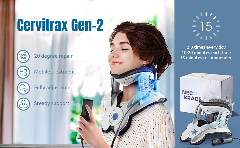A modern cervical traction device designed to provide neck pain relief. The Cervitrax Gen-2 features an ergonomic design with adjustable straps, comfortable padding, and an easy-to-use inflation pump. The device is shown in use, supporting the user's neck and gently stretching the cervical spine for therapeutic benefits.