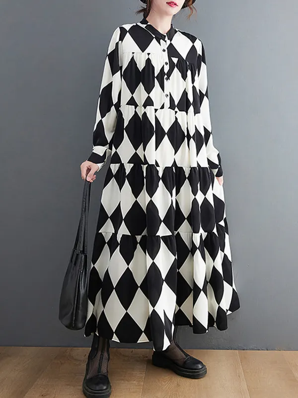 Long-Sleeve Polo-Neck Plain Lace-Up Midi A-Line Dress