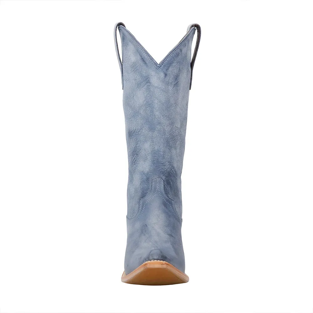 Chic Blue Snip Toe Pull On Western Boots for Women with Chunky Heel