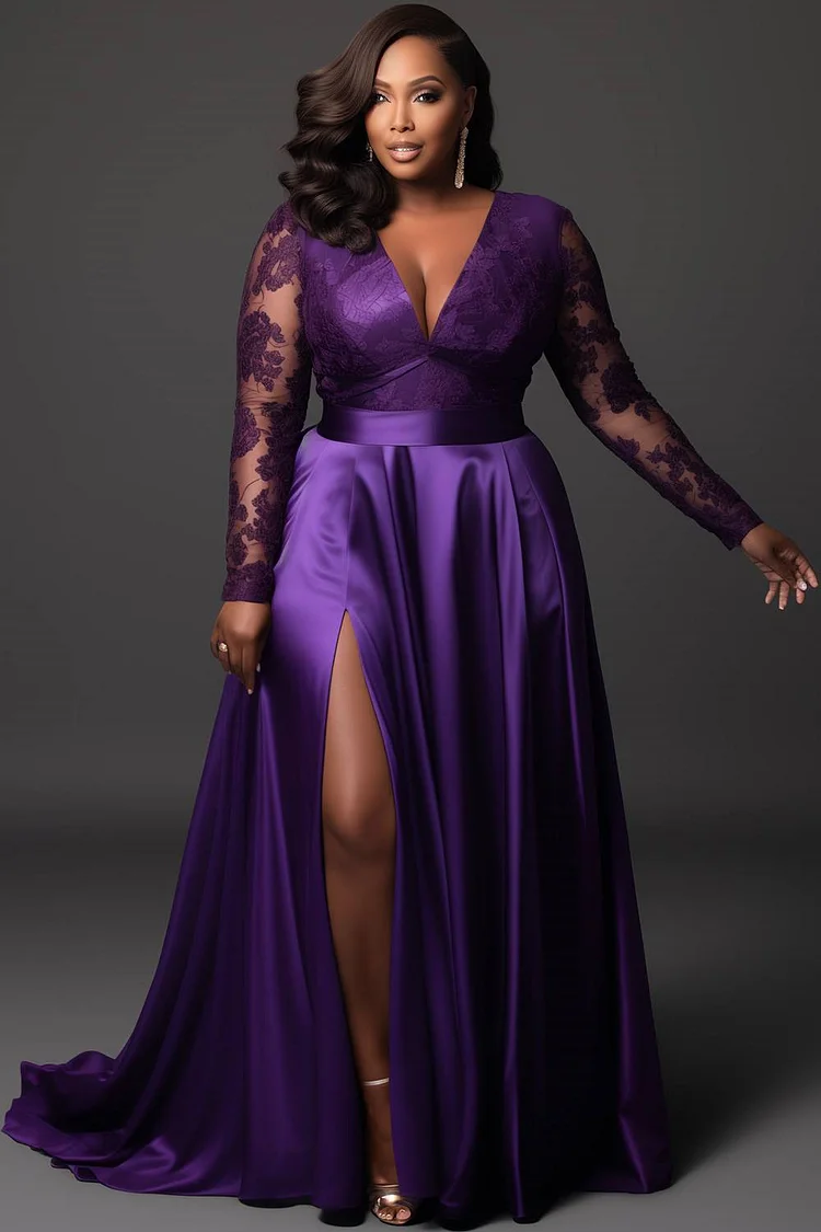 Xpluswear Design Plus Size Formal Purple V Neck Long Sleeve Split See Through Lace Satin Maxi Dresses 2024 - Xpluswear