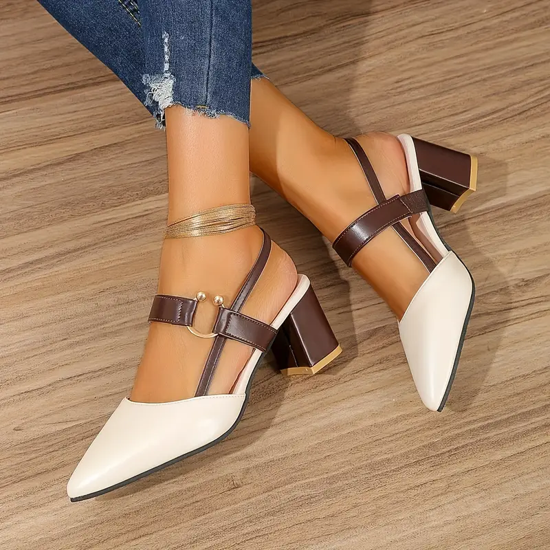 womens pointed toe block high heel sandals fashion solid color slingback shoes versatile mid heels 36 beige 10