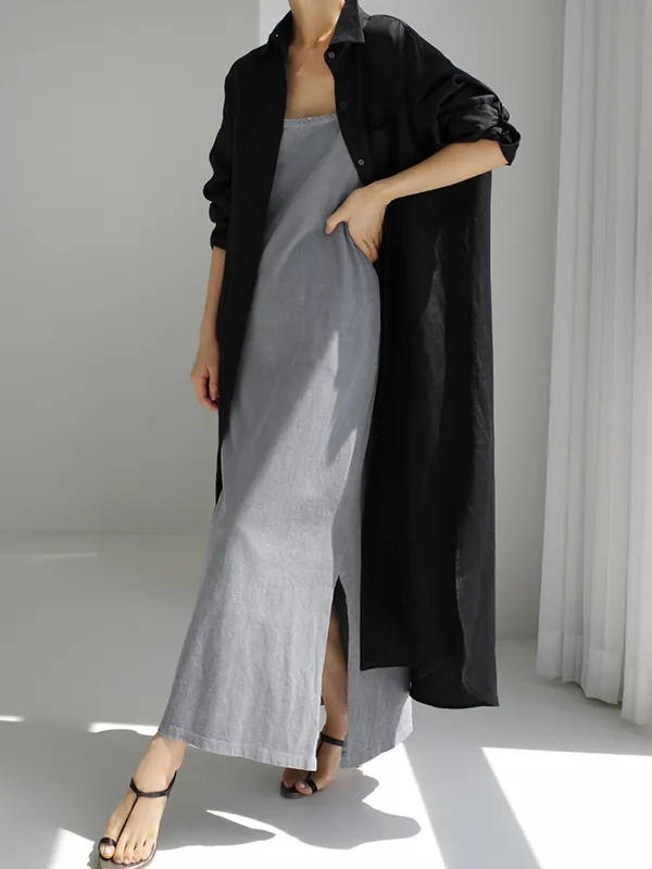Buttoned Solid Color Split-Side Long Sleeves Loose Lapel Shirt Dress Maxi Dresses main image 1