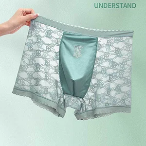 Men's High-End SatinSeamless Breathable Antibacterial Large Size Lace Mesh Boxer Briefs