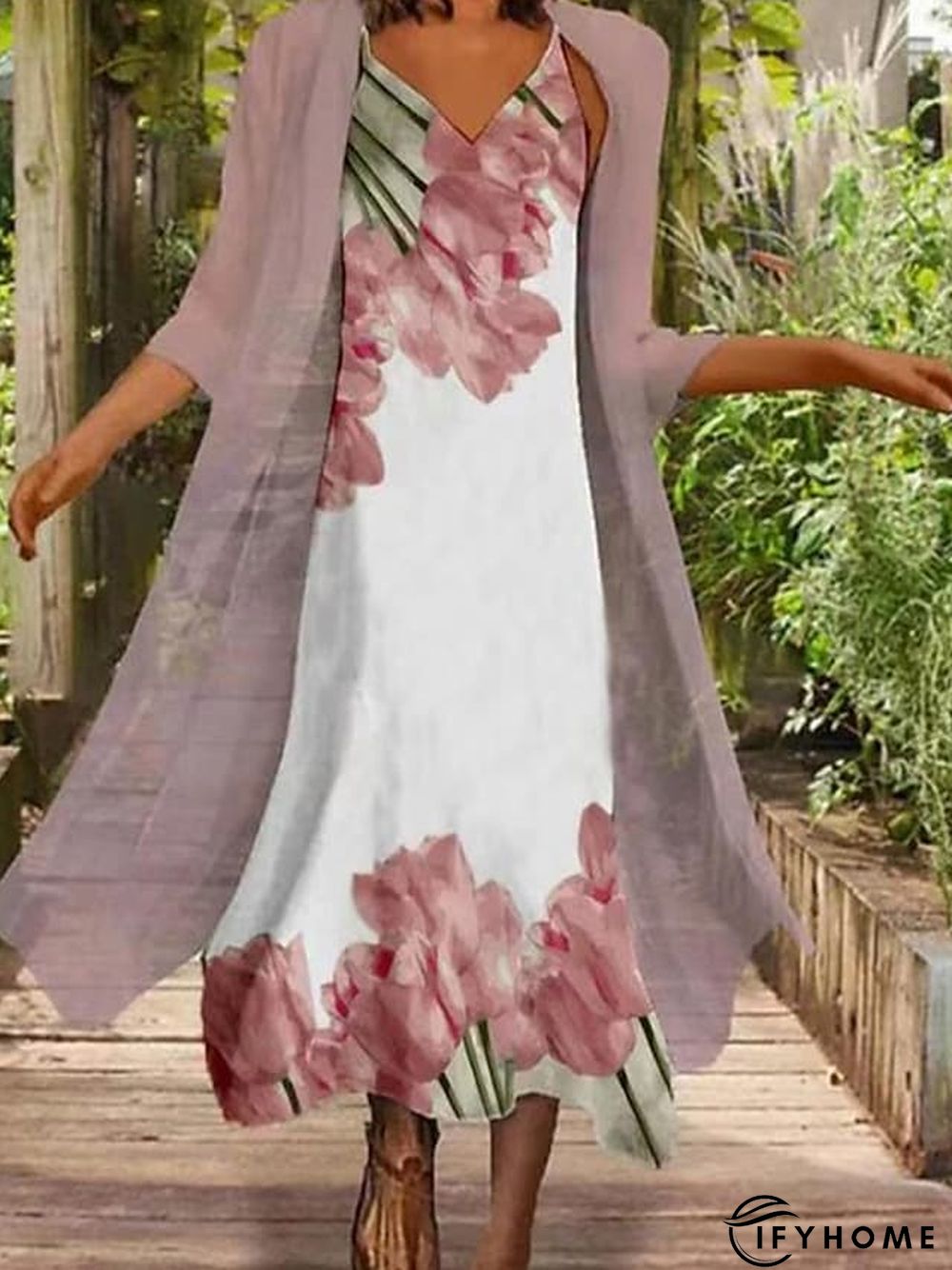 Women's Dress Set Two Piece Dress Shift Dress Daily Going out Fashion Streetwear Print Midi Dress Strap 3/4 Length Sleeve Floral Loose Fit Pink Light Purple Spring Summer S M L XL XXL | IFYHOME