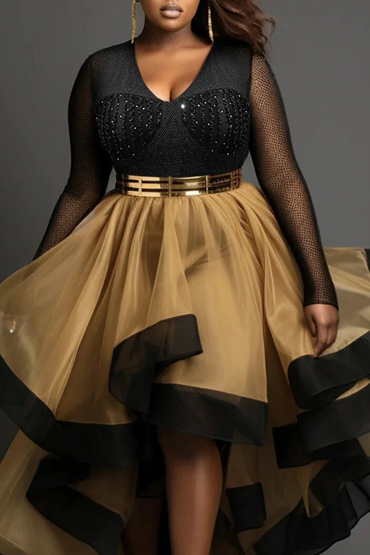 Xpluswear Design Plus Size Cocktail Party Black Gold V Neck Long Sleeve High Low Hem Tulle Midi Dresses [Pre-Order]