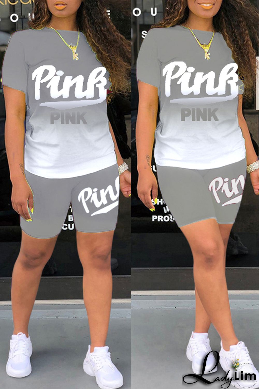 Green Fashion Casual Gradual Change Letter Print Basic O Neck Short Sleeve Two Pieces