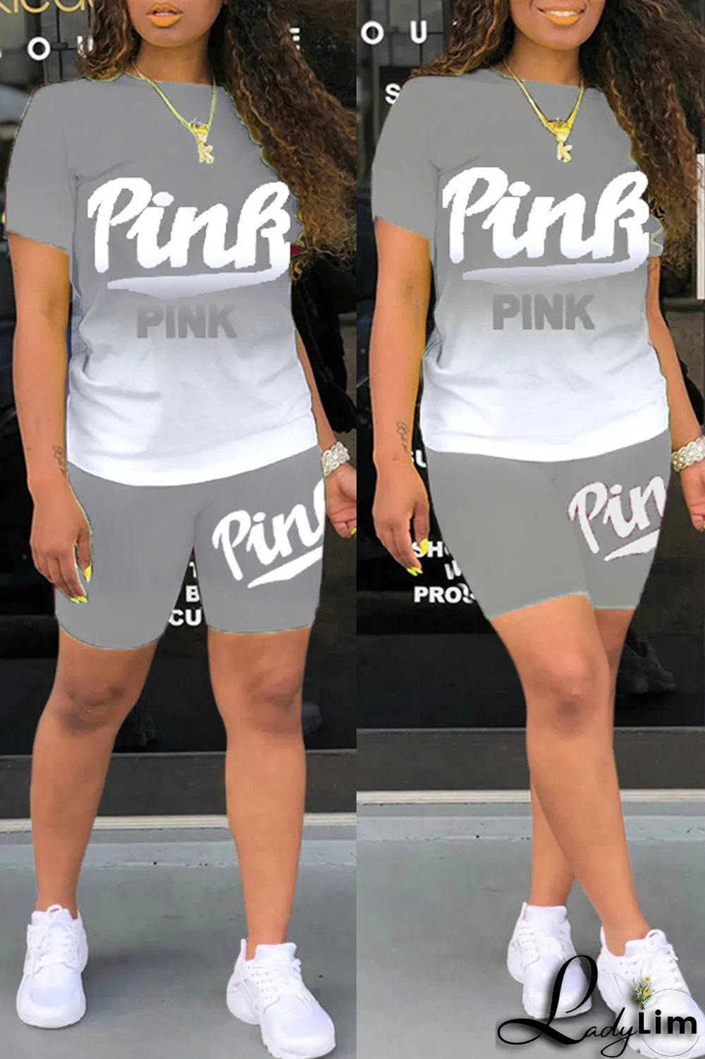 Green Fashion Casual Gradual Change Letter Print Basic O Neck Short Sleeve Two Pieces