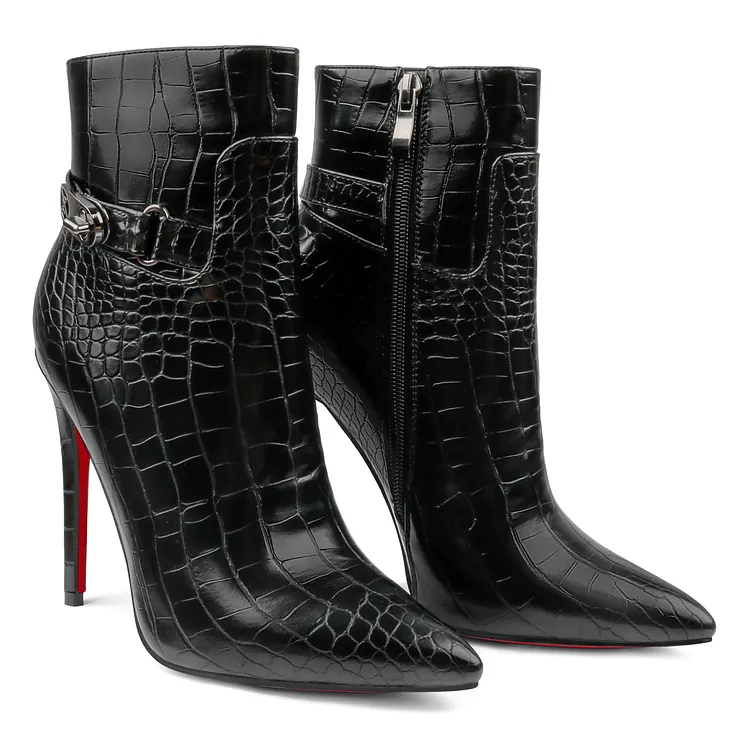 Women's Pointed Toe Crocodile Pattern Stiletto Ankle Red Bottom Boots Side Zipper Booties With Metal Buckle VOCOSI VOCOSI