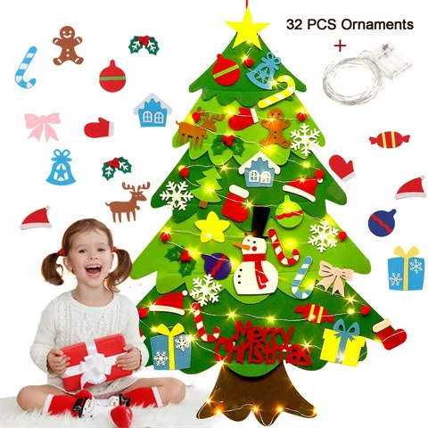 The Christmas tree is made of felt material. Thirty-two kinds of detachable felt ornaments are the most popular novelty Christmas tree decorations for the new year (Santa Claus, Snowman, Snowflake, Christmas stocking, Christmas hat, candy, bell, etc.).