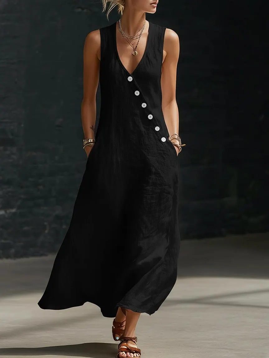 Boho Leinen Maxikleid - Perfekt für Strand, Urlaub & Brunch! Ärmelloses V-Ausschnitt-Kleid mit Knopfdetails und Taschen # ÄrmellosesKleid # Freizeitkleid # Sommerkleid # BohoMode # V-AusschnittKleid # KleiderFürFrauen # OutfitDesTages