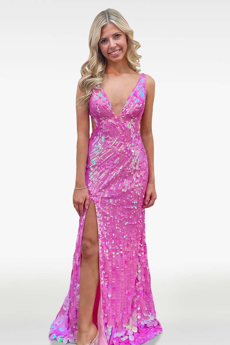 Pink Sequins Prom Dress Long V Neck Backless Sleeveless High Slit Gown - ohprom