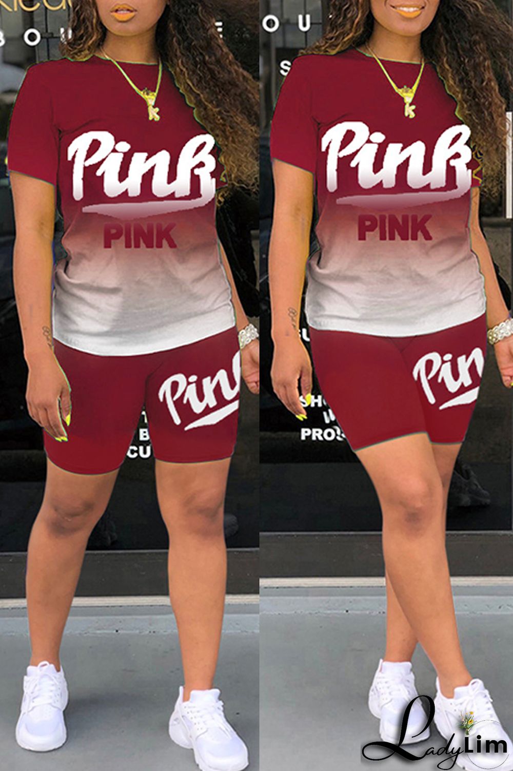 Green Fashion Casual Gradual Change Letter Print Basic O Neck Short Sleeve Two Pieces