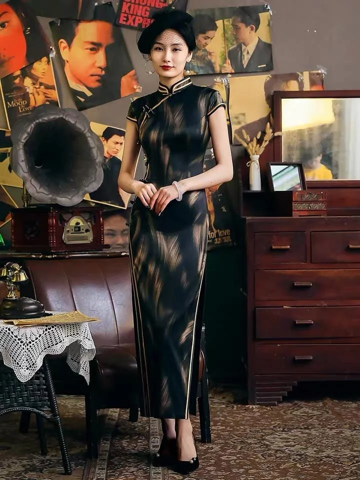 19 mome mulberry silk, High end long black Qipao