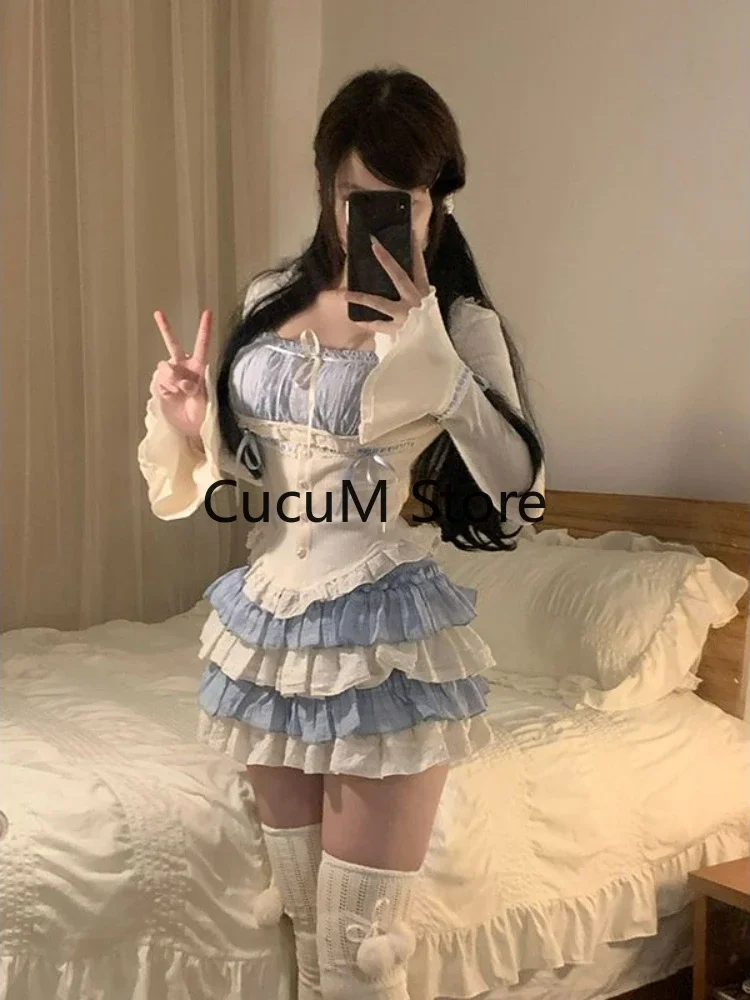 Uaang Autumn Japanese Style Kawaii 2 Piece Skirt Set Women Slim Casual Tops + Sexy Bodycon Mini Cake Skirt Party Fashion Suit