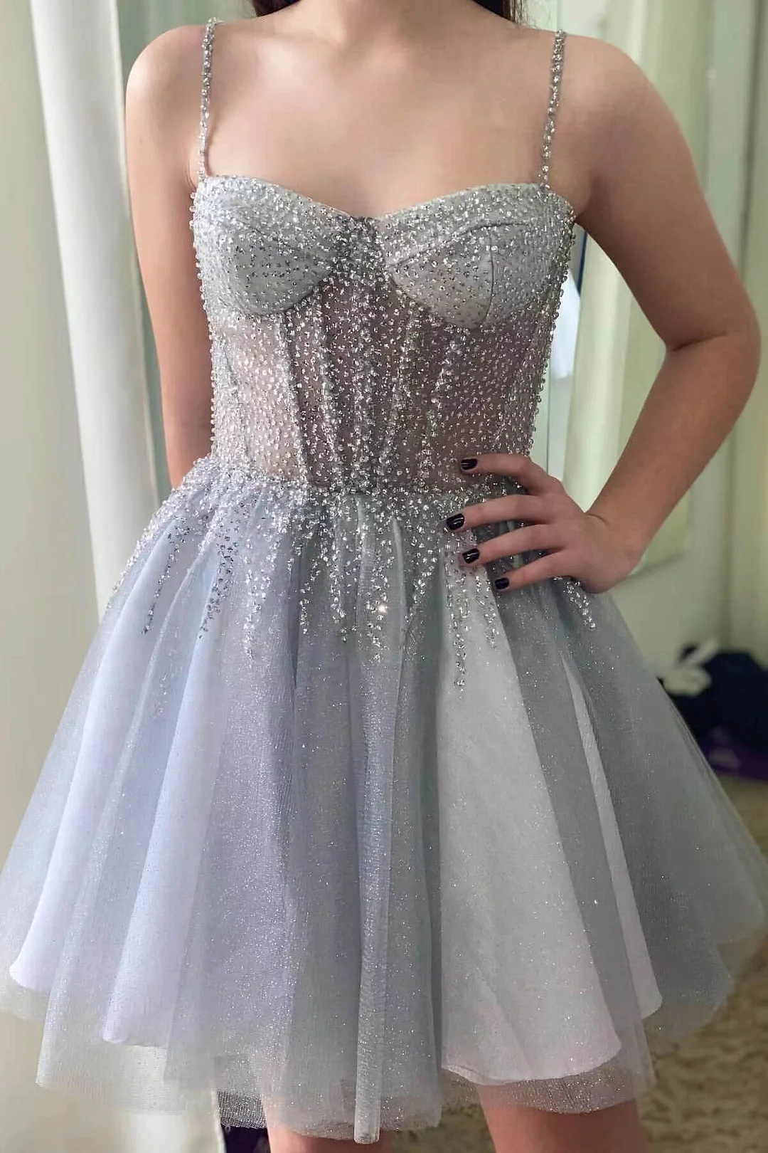 Miabel Silver Gray Tulle Short Prom Dress Sleeveless Homecoming Dress With Sequins