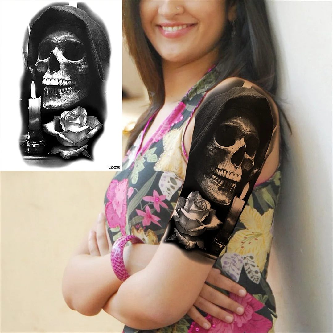 Flower Skull Temporary Tattoos For Women Men Adults Evil Skeleton Tattoo Sticker Fake Lavender Big Rose Black Tatoos Body Thigh