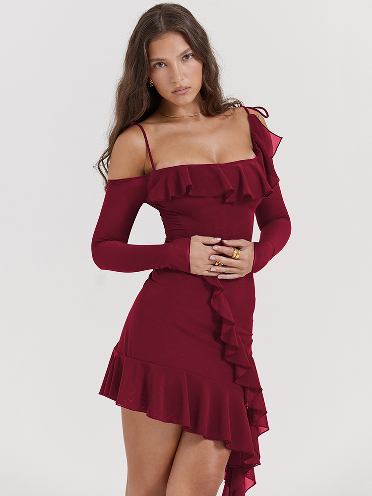 Ootddress Sexy Strap One Line Neck Double Layer Long Sleeve Dress Women's Slim Fit Ruffles Irregular Mini Dress Sweet Party Club