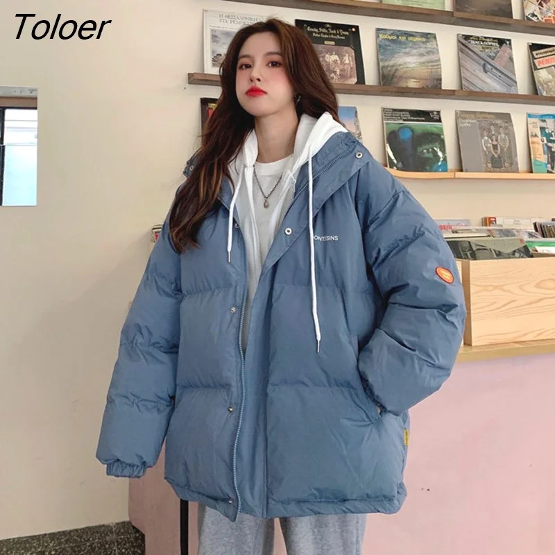 Toloer Blue Puffer Jackets Women Overcoat Thick Down Cotton Designer Jacket 2022 Casual Hooded Bubble Coat Female Fluffy Jacket