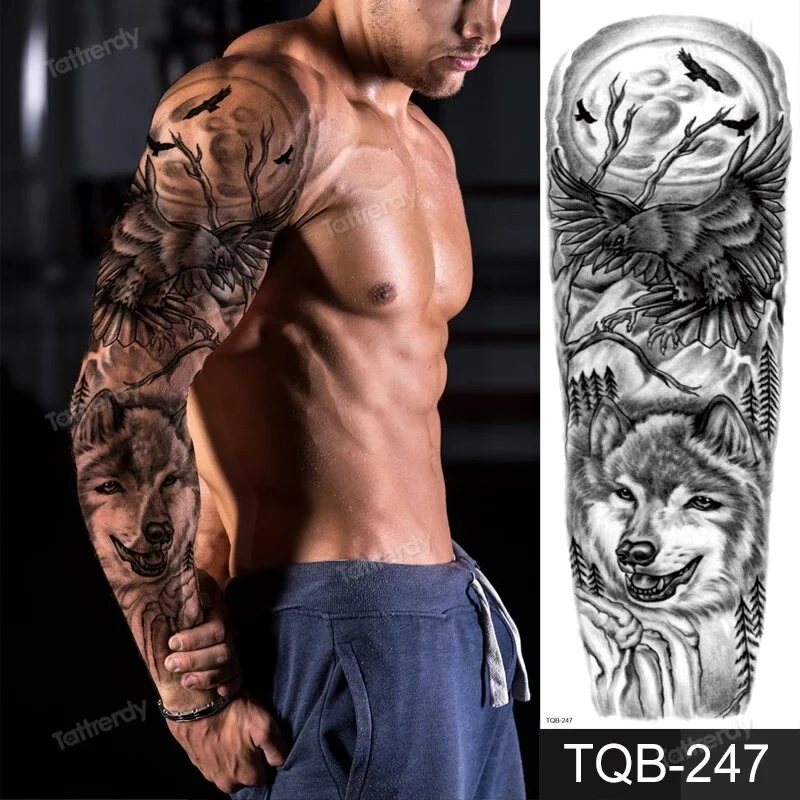 Sdrawing Temporary Tattoos men large full arm sleeve tattoo god wolf moon dragon lion king tiger forest tattoo designs big body