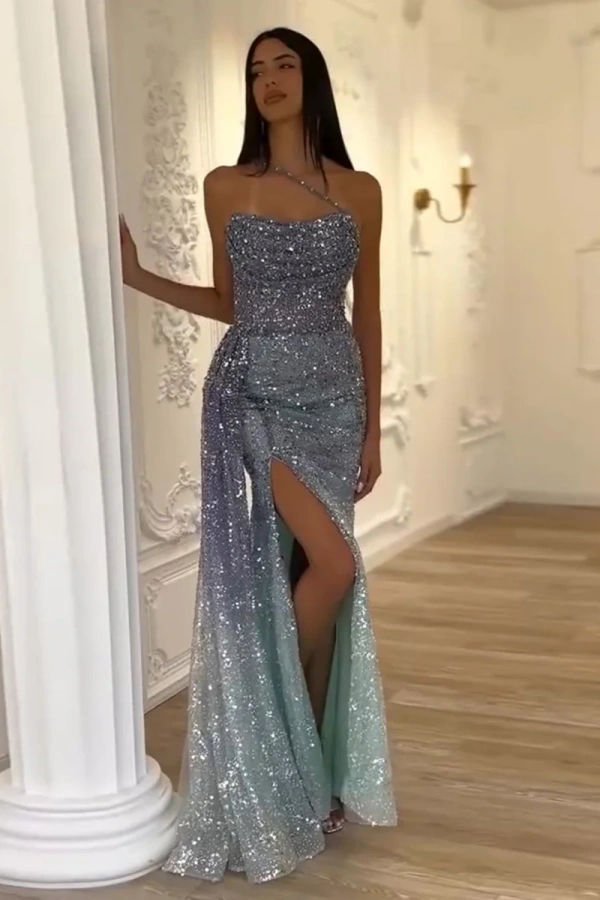 Luxury Blue One Shoulder Sequin Prom Dress with Slit YH1008