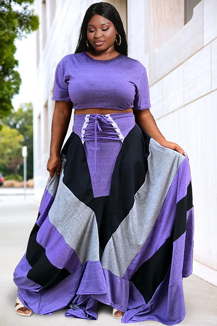 Xpluswear Design Plus Size Purple Daily Patchwork Lace Up Irregular Hem Two Pieces Skirt Sets 