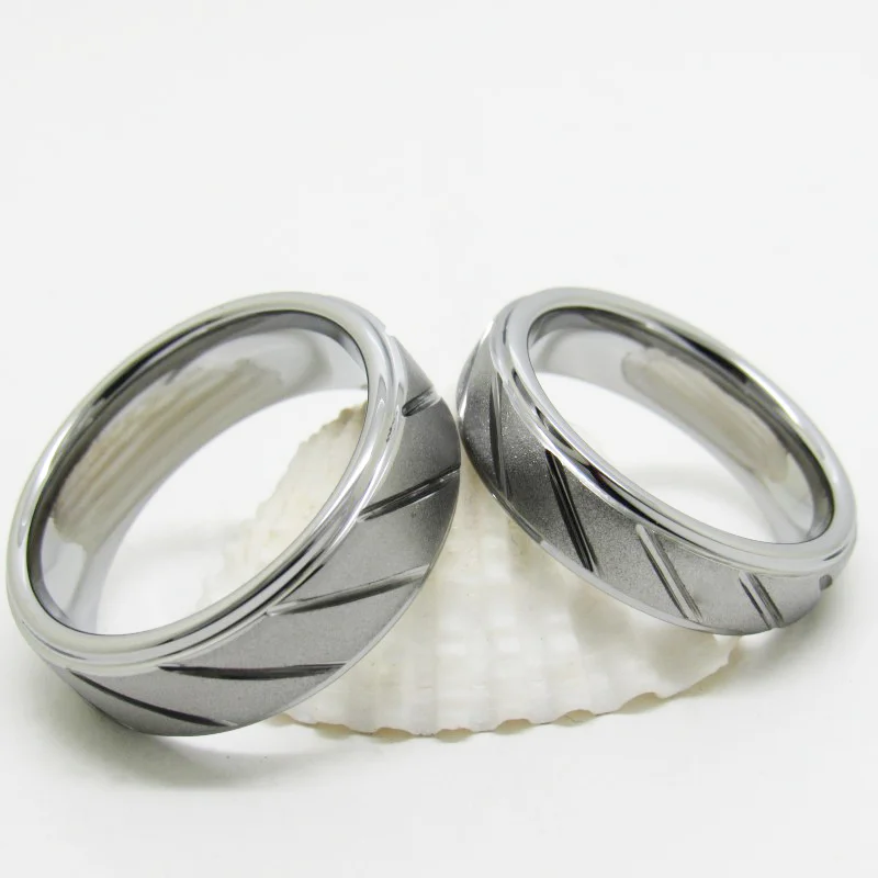 6MM 8MM Couples Tungsten Carbide Step Surface Sandblasted With 12 Chutes Sliver Wedding Rings