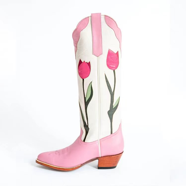 VCSHOES Pink Tulips Below The Knee Heeled Cowboy Boots for Women