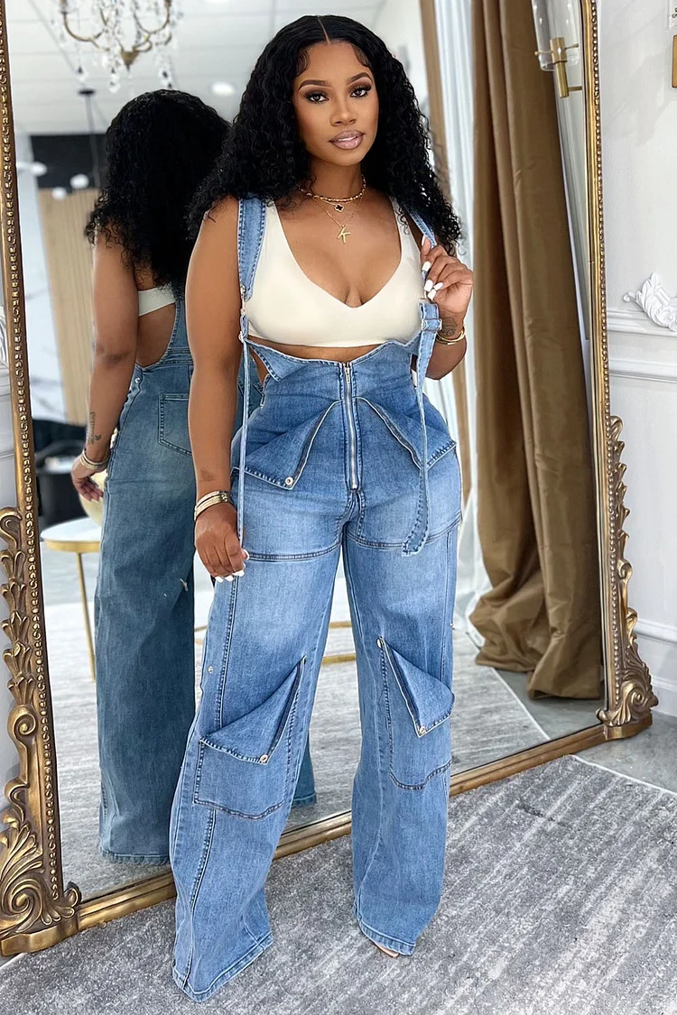 Zip-Up Pockets Daily Washed Denim Wide Leg Overalls-Blue