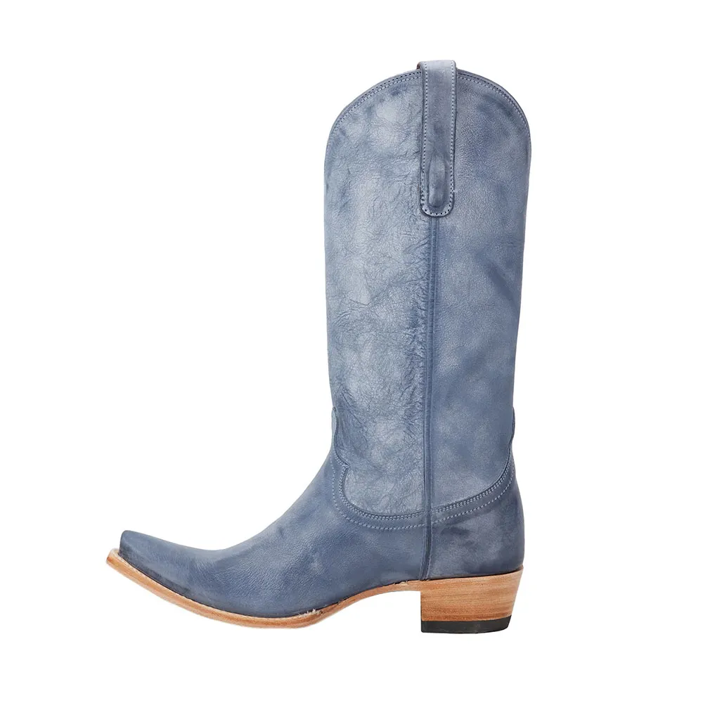 Chic Blue Snip Toe Pull On Western Boots for Women with Chunky Heel