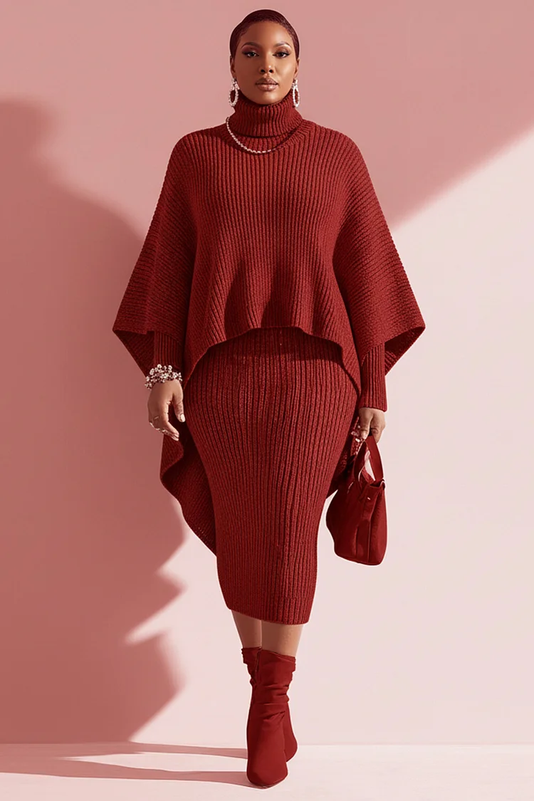 Xpluswear Design Plus Size Business Casual Burgundy High Collar Cape Sleeve Long Sleeve Bodycon Elegant Asymmetric Hem Irregular Hem Knitted Two Piece Dress Set 2024 - Xpluswear