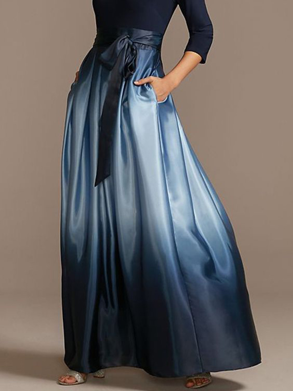 Gradient Pleated Skirt with Tied Waist, Pockets, and Split-Joint Detail