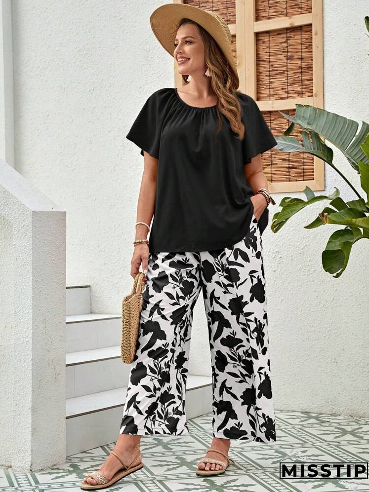 Plus Size Round Neck Pleated Solid Color Summer Top And Printed Pants 2pcs/Set