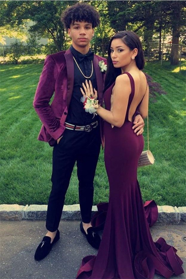 Peak Lapel Two Pieces Casual Prom Suit For Party With Burgundy Velvet | Risias