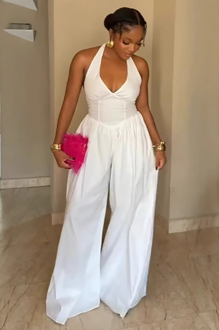 Deep V Neck Cinch Waist Wide Leg Halter Solid Color Jumpsuit-White