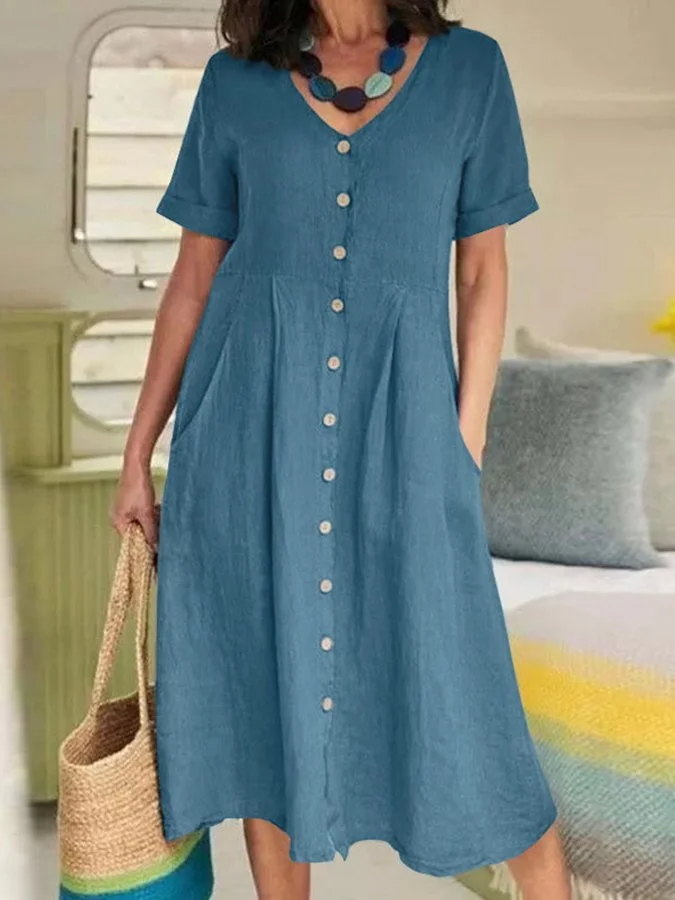 Robe décontractée en coton et lin avec boutons et décolleté en V