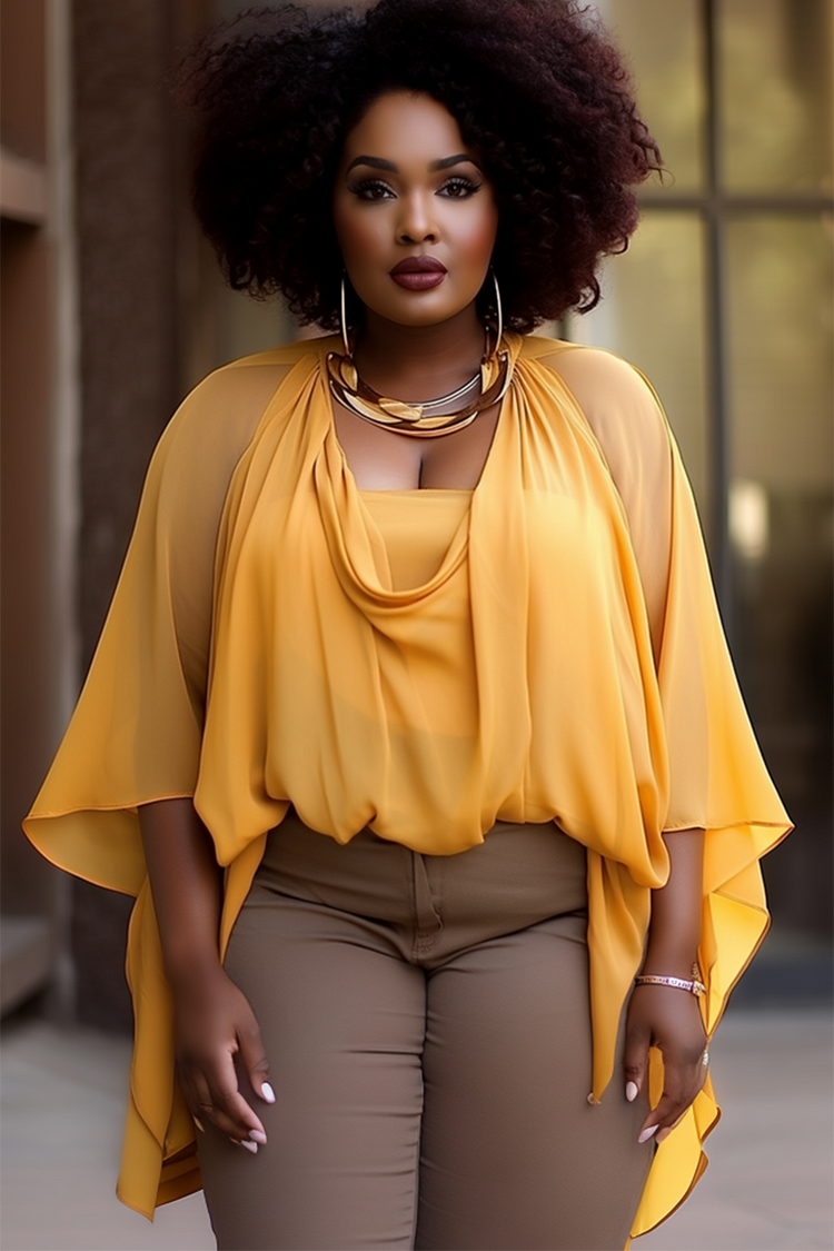 Xpluswear Design Plus Size Business Casual Yellow Cowl Neck Cape Sleeve See Through Chiffon Blouses [Pre-Order]