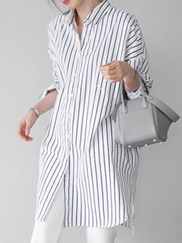 Striped Lapel Urban Blouse in Loose Solid Color