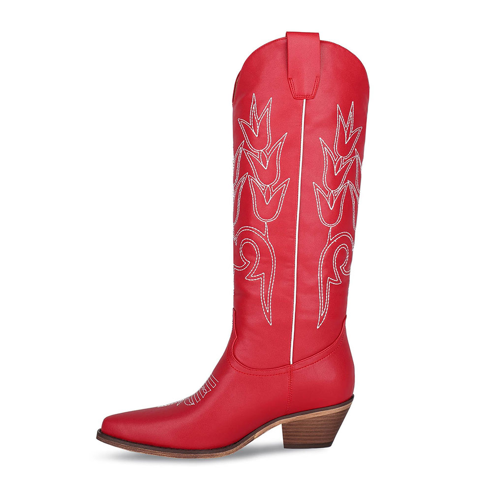 Red Tulip Embroidered Pointed Toe Knee-High Wide Calf Cowgirl Boots Nicepairs