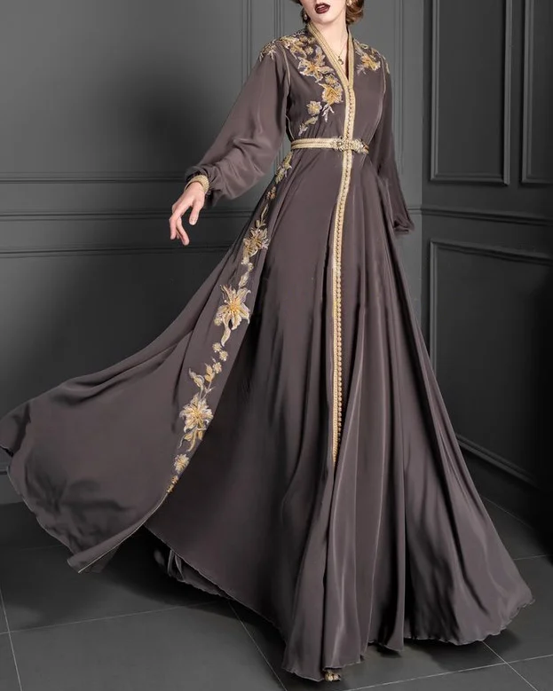 beaded panel embroidered chiffon kaftan dress