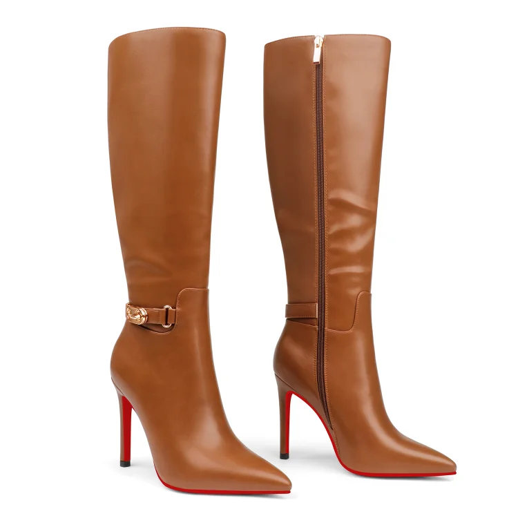 100mm Fashion Zipper Red Bottoms High Heels Metal Buckle Knee Boots VOCOSI VOCOSI
