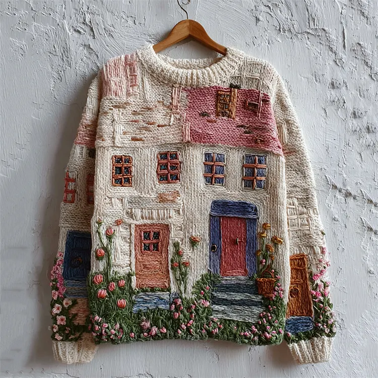 Cottagecore Floral House Inspired Embroidered Cozy Knit Sweater