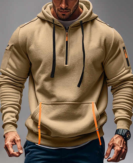Casual Half Zipper Pocket Fleece-Lined Contrast Binding Drawstring Hoodie