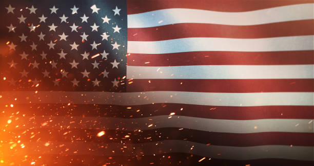 Flag of the United States of America - Crisis / War / Fire Digitally generated graphic of the US Flag combined with fire and sparks. Perfectly usable for news or articles about topics like crisis, war, forest fire, ... American Firefighter stock pictures, royalty-free photos & images