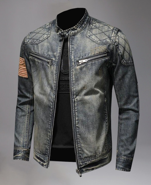 Retro Stand Collar Zipper Grid Pattern Denim Jacket